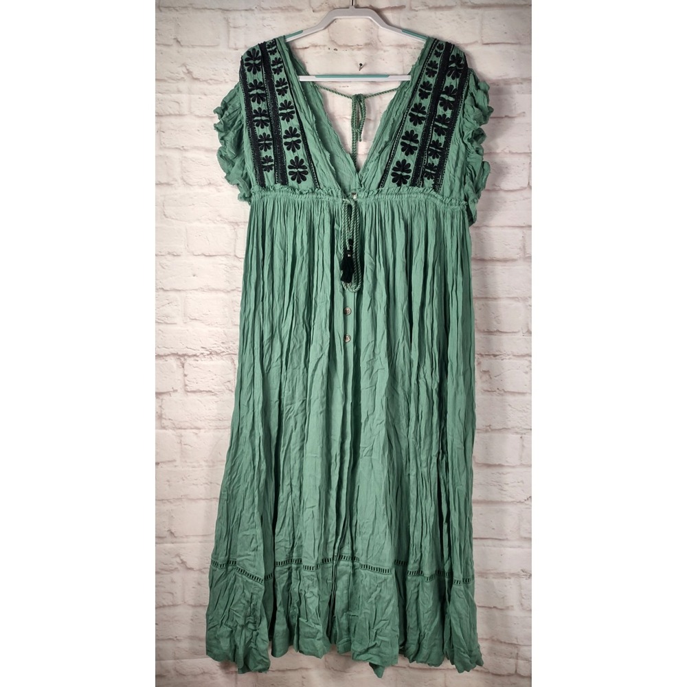 Free People Embroidered Gauze Drawstring Midi Boho Dress Small Boho Festival